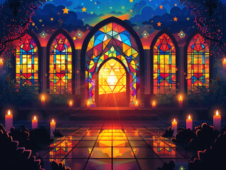 A vector design highlighting the silhouette of a peaceful synagogue scene with stained glass window patterns and a Yom Kippur inscription