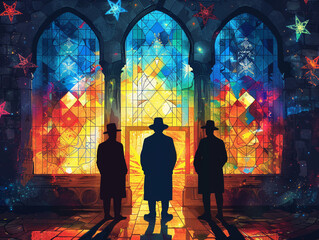 A vector design highlighting the silhouette of a peaceful synagogue scene with stained glass window patterns and a Yom Kippur inscription