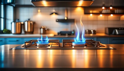 A professional bright kitchen with a blurred background - gas oven - orange tongues of blue flame of a gas burner - obrazy, fototapety, plakaty