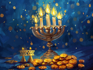 An elegant illustration showing a silver menorah with lit candles surrounded by Hanukkah gelt (chocolate coins)