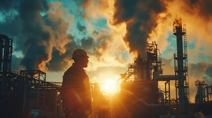 Silhouette of an engineer standing before a backdrop of industrial structures and a dramatic sunset sky, embodying the concept of industrial progress.