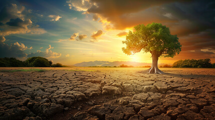 A solitary tree stands resilient amidst a cracked, dry landscape, with the golden glow of sunset casting a warm light over the scene.