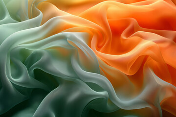 Obraz premium Abstract background of green and orange colored silk or satin with smooth folds, fabric texture, generative ai