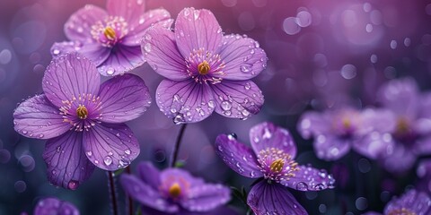 Bright purple flowers, delicate with raindrops.