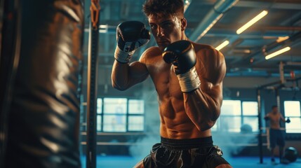 Fototapeta na wymiar Professional boxer man punching bag in dynamic boxing action in ring of a sporting arena. Sportsman workout. Fitness box exercise. Active fit sport training indoor.
