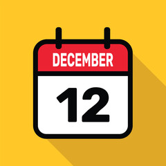 December 12 Calendar icon with long shadow. Flat style. Vector illustration.