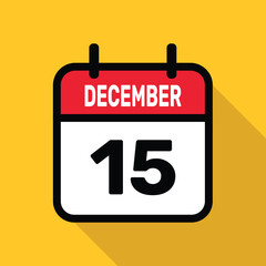 December 15 Calendar icon with long shadow. Flat style. Vector illustration.
