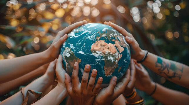 Many hands holding planet earth globe, saving the planet concept.