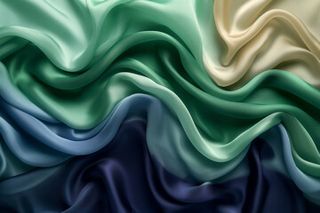 Abstract background of green, blue and cream colored silk or satin fabric with smooth folds, generative ai - obrazy, fototapety, plakaty