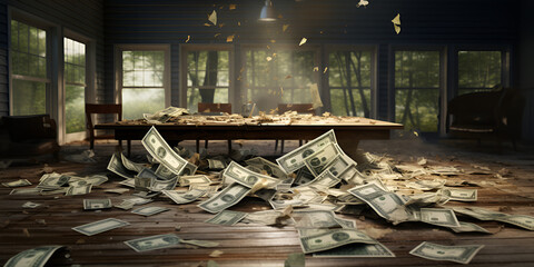 Thumbnail of a new house with money scattered on the table - obrazy, fototapety, plakaty
