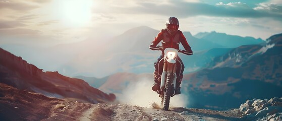 Motocross Rider Conquers Mountain Terrain at Dusk. Concept Motocross, Mountain Terrain, Dusk, Extreme Sport, Adventure