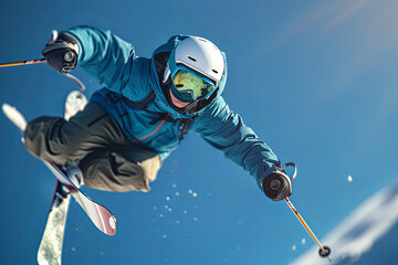 Male freestyle skier flying in the air - obrazy, fototapety, plakaty