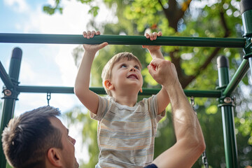 Little positive boy at the monkey bars and his father watching and helping - obrazy, fototapety, plakaty