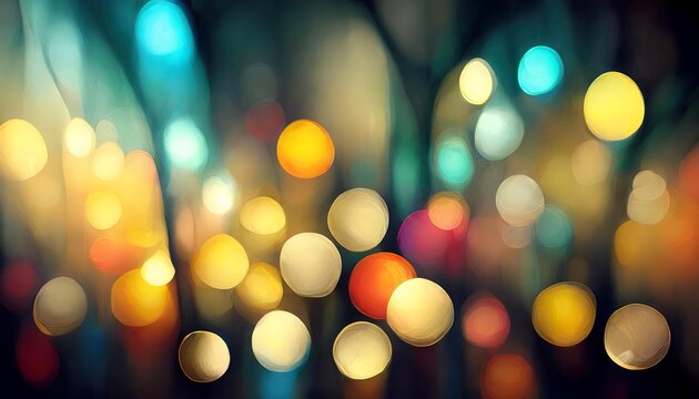 Blurred multicolored lights on dark background. City lights. Background with out of focus light points.. Banner header image.