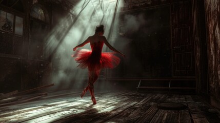 The ballerina in ballet pack dances on a broken wooden stage in the spotlight and smoke. AI generative. - obrazy, fototapety, plakaty