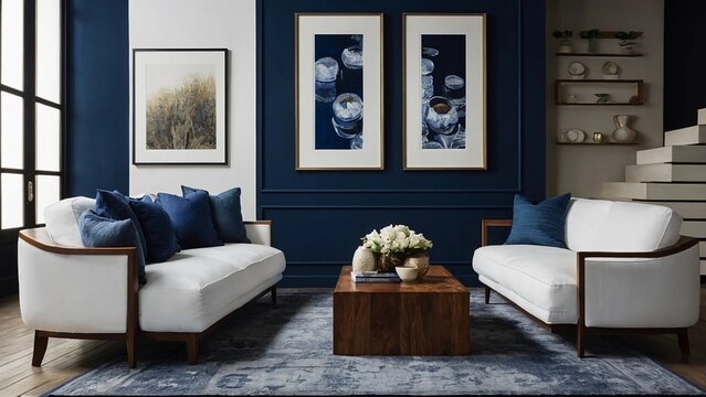 modern living room with sofa,The image features a modern living room with blue and white color scheme. There are two white sofas with blue pillows, a wooden coffee table, and a blue rug.