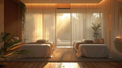 Rich warm tones on serene spa room with open weave curtains and dual beds