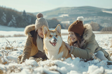 Two girls, sisters, play with a corgi dog on a snowy field in the mountains - obrazy, fototapety, plakaty