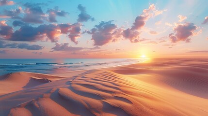 Panorama landscape of sand dunes system on beach at sunrise, Bright color
