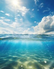 Fototapeta premium Blue sea or ocean water surface and underwater with sunny and cloudy sky