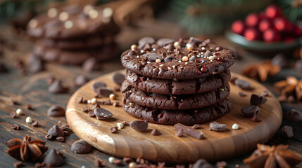 Chocolate Cookies on a Decorated Table with Nuts and Chocolate Chips