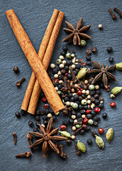 Whole spices, collection of ingredients and cooking for food, fragrance and flavor with culinary...