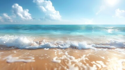 Fototapeta na wymiar Summer sandy beach with blur ocean on background, Bright color