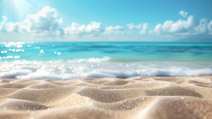 Fototapeta na wymiar Summer sandy beach with blur ocean on background, Bright color