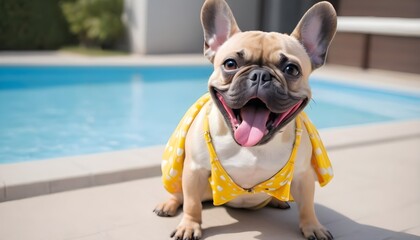 Funny, humorous French Bull Dog. Costumed, dress up. comedy, suit, hero.