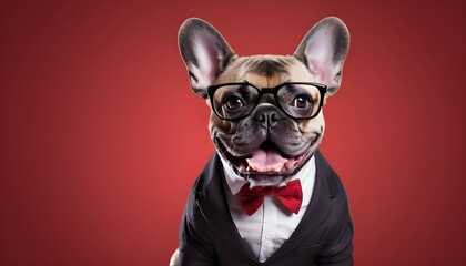 Funny, humorous French Bull Dog. Costumed, dress up. comedy, suit, hero.