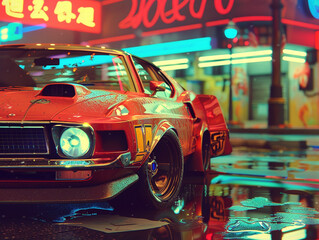 
High-performance retro cars at night and bathed in neon light.
