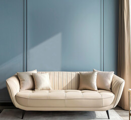 Template of luxury cozy living room closeup in blue and beige colors. Interior mockup with clean walls for pictures, posters, paintings, sculptures, and other wall art. 