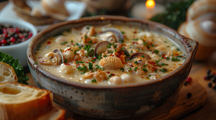 Clam Chowder on a Decorated Table with Fresh Herbs and Crusty Bread