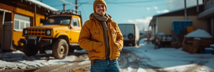 A handsome young man stands by a truck, exuding style and happiness.