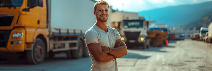 A smiling Caucasian truck driver sits confidently, ready for a long haul.