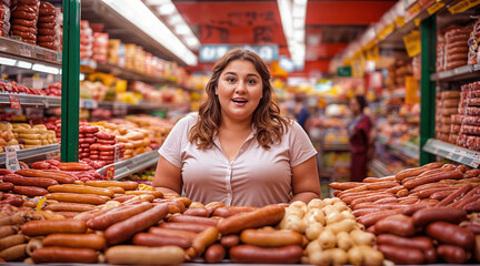 Fat woman in sausage department of shop - obrazy, fototapety, plakaty