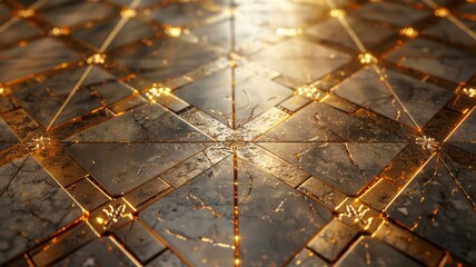 Elegant mosaic of marbled textures edged with ornate gold patterns