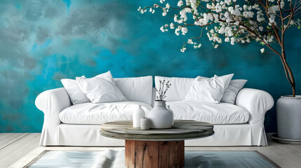 A white sofa and a turquoise wall are next to a rustic round coffee table. Scandinavian interior...