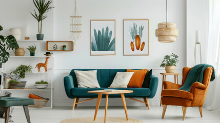 A white wall featuring art posters is paired with a terracotta armchair and a teal sofa. Modern living room interior design in the Scandinavian style