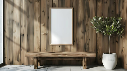 A wooden bench with a blank mock-up poster frame is located next to a wall with wood panelling. Modern entry hall interior design with a farmhouse feel