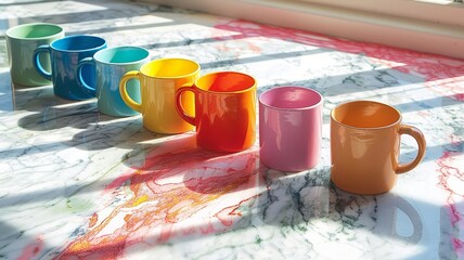Array of colorful ceramic mugs on marbled surface in soft daylight
