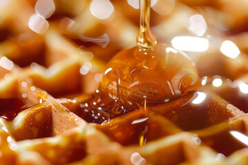 Waffles are covered in caramel and syrup, depicted in a quadratura style with a soggy texture. - obrazy, fototapety, plakaty