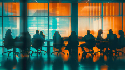 People are working at a conference room table, depicted in a motion blur panorama style with dark cyan and orange colors. - obrazy, fototapety, plakaty
