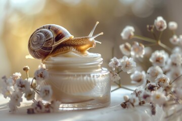 Snail on open jar with face cream with snail mucus. Use of snail mucus in cosmetology. Skin care and beauty concept - Powered by Adobe