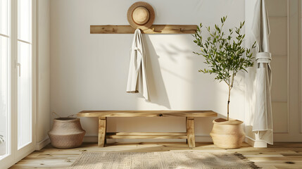 Above the wooden bench is a coat rack mounted on the wall. rustic, farmhouse, and modern entryway interior design