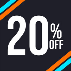 20 percent off in white, with dark background and diagonal strips in orange and blue