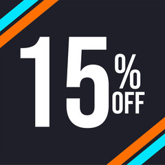 15 percent off in white, with dark background and diagonal strips in orange and blue