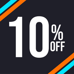 10 percent off in white, with dark background and diagonal strips in orange and blue - obrazy, fototapety, plakaty
