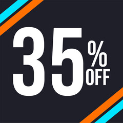 35 percent off in white, with dark background and diagonal strips in orange and blue