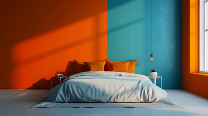 Bed with copy space against a wall of vivid orange and blue colours. Modern bedroom with minimalist interior design